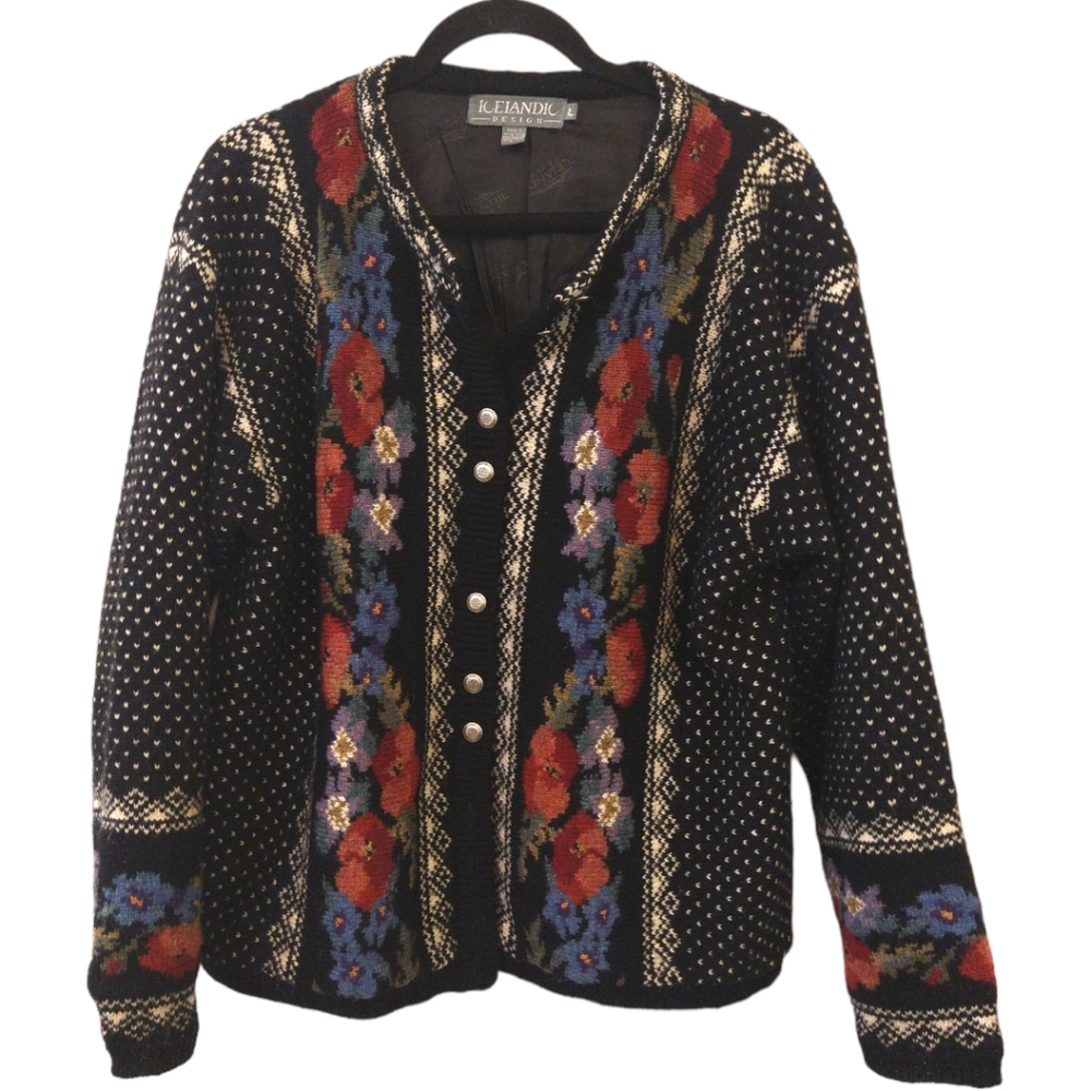 Icelandic Design Black Floral Wool Cardigan. Large. FLAW